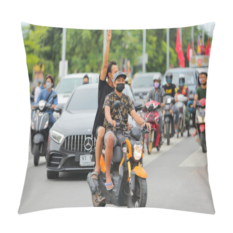 Personality  Nakhonratchasima, Thailand - July 23, 2021 : Car Mob Street Of Thailand People Took To The Streets To Protest Against The Military Coup Protesters To Show Symbolic Gestures At Democracy. Pillow Covers