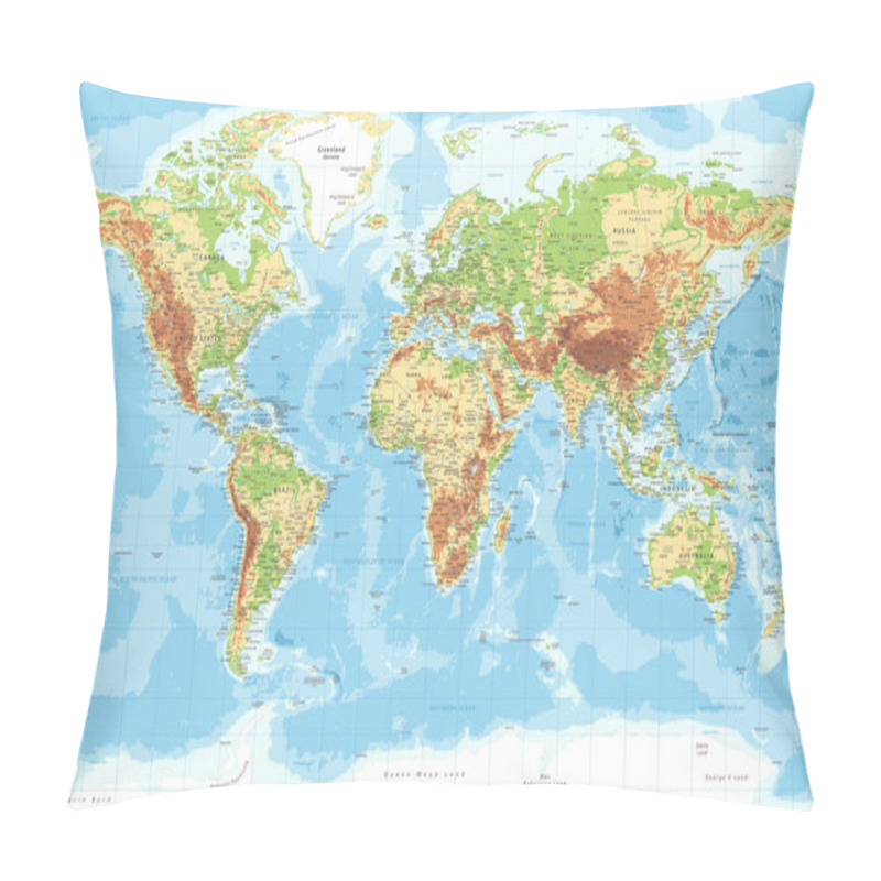 Personality  World Map - Physical Topographic - Vector Detailed Illustration Pillow Covers