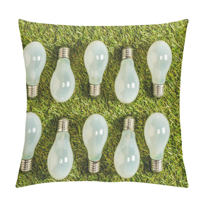 Personality  Top View Of Fluorescent Lamps On Green Grass, Energy Efficiency Concept Pillow Covers