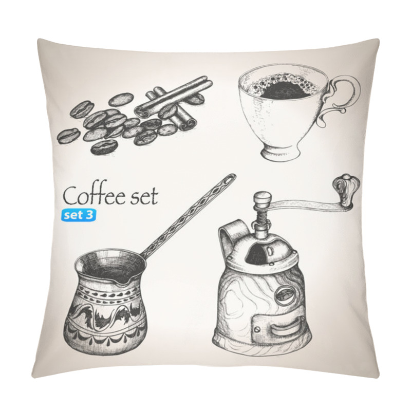 Personality  Coffee Set: Beans, Cup, Cezve And Mill Pillow Covers