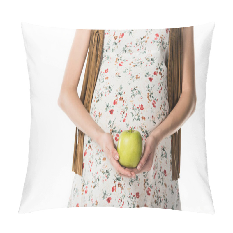 Personality  Cropped View Of Pregnant Woman Holding Green Apple Isolated On White Pillow Covers