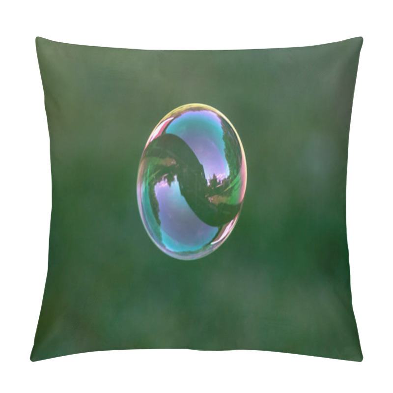 Personality  Close Up Of Flying Soap Bubble With Great Reflections. Flying Over Green Background Pillow Covers