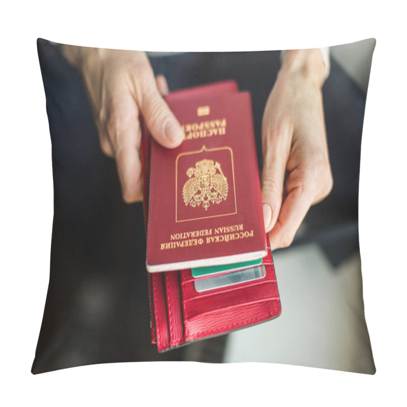 Personality  Foreign Passport Of The Russian Federation Is Held By Female Hands Pillow Covers