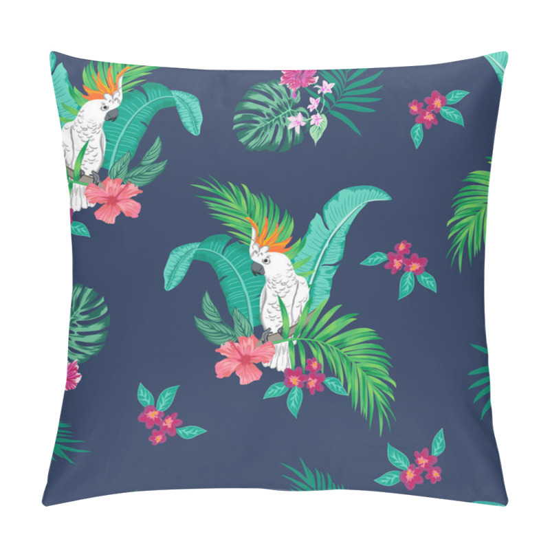 Personality  Vector Seamless Botanical Tropical Pattern With Parrots And Flowers. Floral Exotic Background Design With Banana Leaf, Areca Palm Leaves, Monstera Leaves, Hibiscus Flowers, Frangipani. Pillow Covers