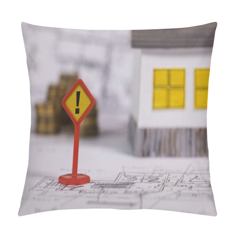 Personality  Sign Of Exclamatory Mark On A Technical Drawing. Paper House And Coins In The Background. Pillow Covers