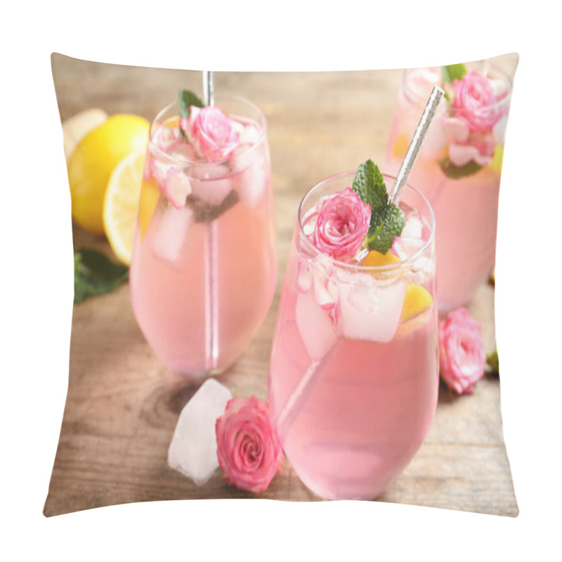 Personality  Delicious Refreshing Drink With Rose Flowers And Lemon Slices On Wooden Table, Closeup Pillow Covers