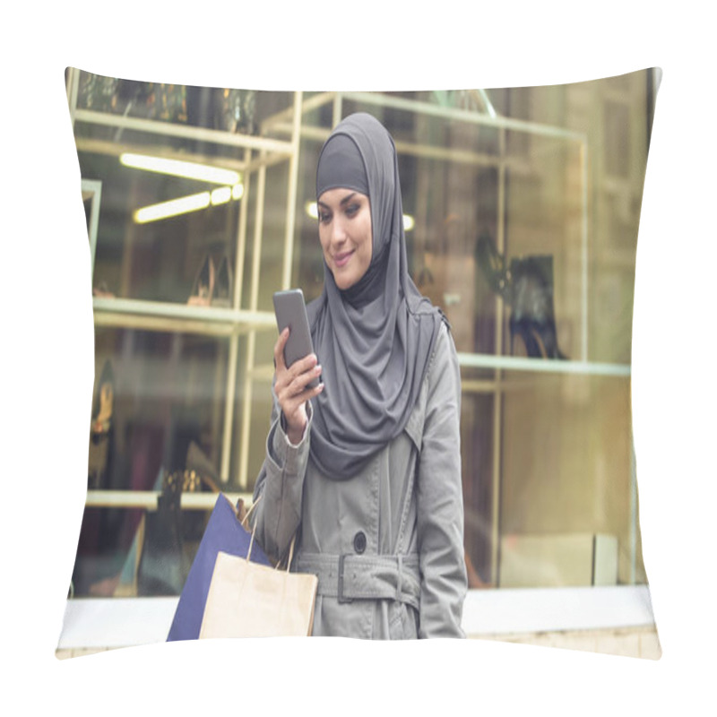 Personality  Happy Arabic Lady Using Online Shopping App For Searching Discounts, Fashion Pillow Covers