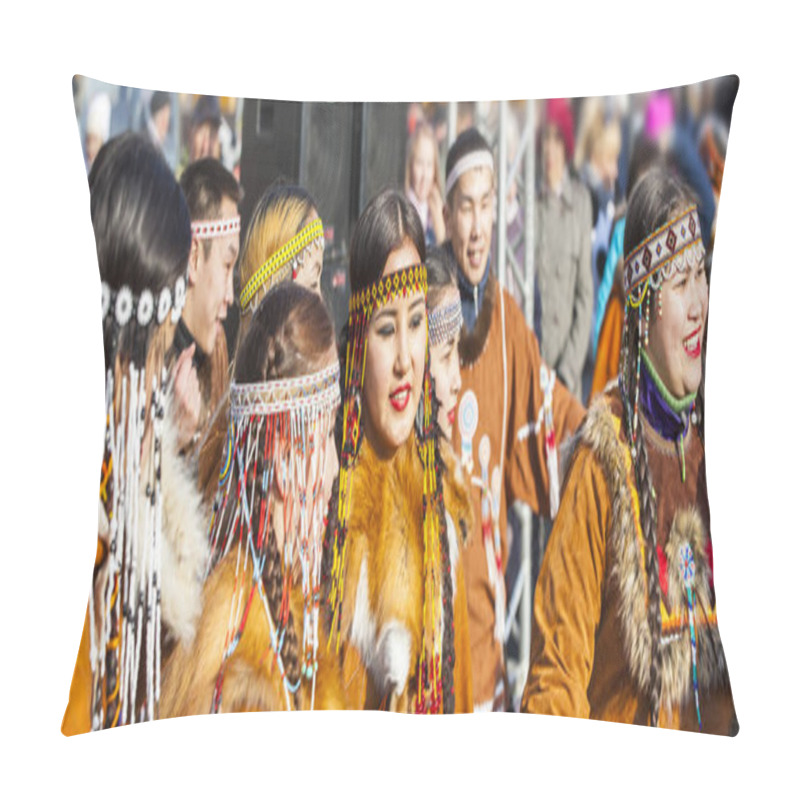 Personality  PETROPAVLOVSK, KAMCHATKA, RUSSIA - NOVEMBER 4, 2018: Folk Ensemble Performance In Dress Of Indigenous People Of Kamchatka. The Holiday Northern Aboriginal Koryak Was Hololo. Pillow Covers