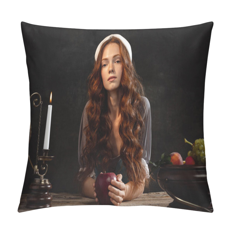 Personality  Vintage Portrait Of Young Adorable Redhead Girl In Image Of Medieval Person, Peasant Woman In Renaissance Style Dress Isolated On Dark Background. Comparison Of Eras, Beauty, History, Art, Creativity. Pillow Covers