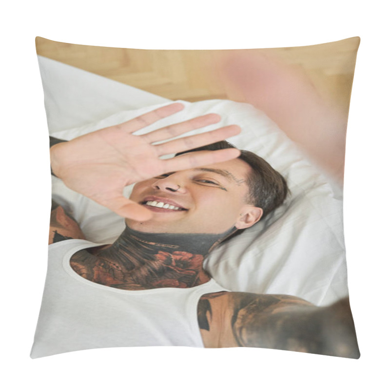 Personality  The Man, With Tattoos Covering His Arms, Smiles Joyfully In A Relaxed Atmosphere At Home. Pillow Covers