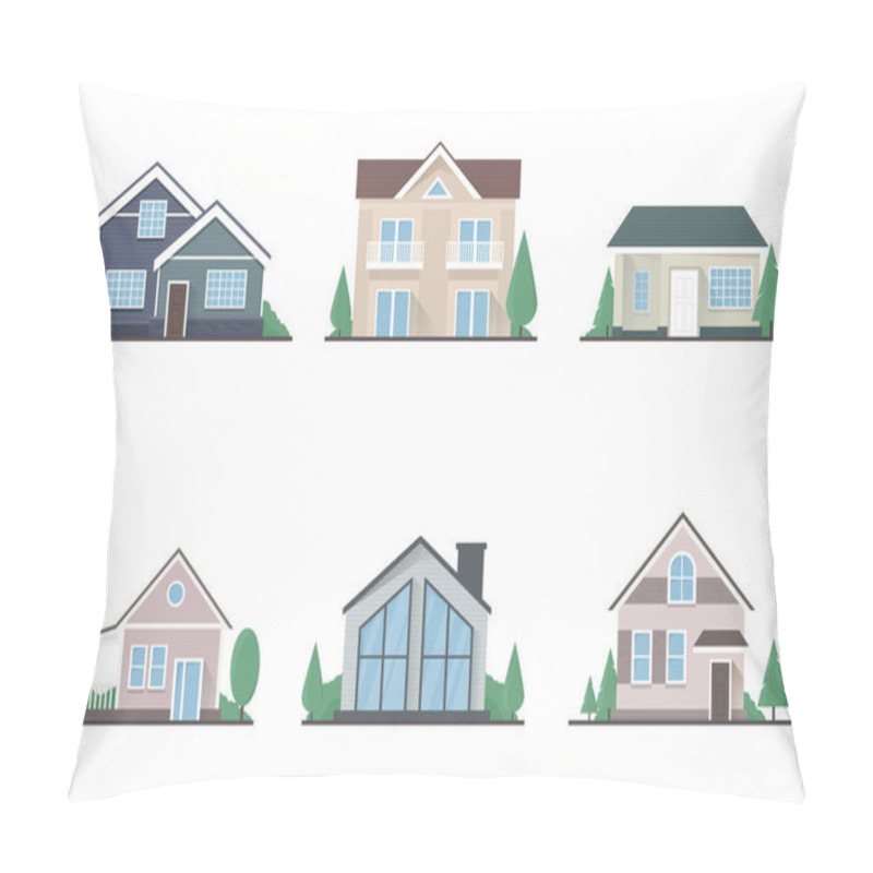 Personality  Set Of Vector One-storey And Two-storey Isolated Flat Private Houses On A White Background With Trees Pillow Covers