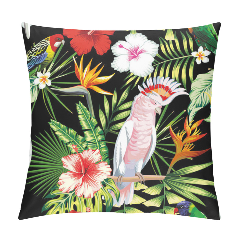 Personality  Parrot Tropical Flowers And Leaves Seamless Pattern Black Backgr Pillow Covers