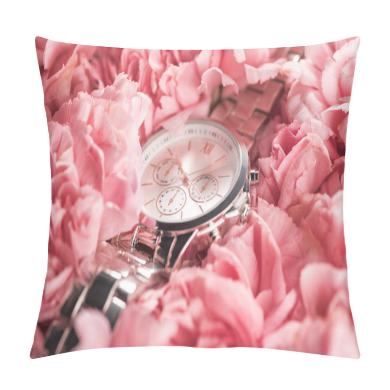 Personality  Elegant Wristwatch Lying On Blooming Pink Flowers Pillow Covers