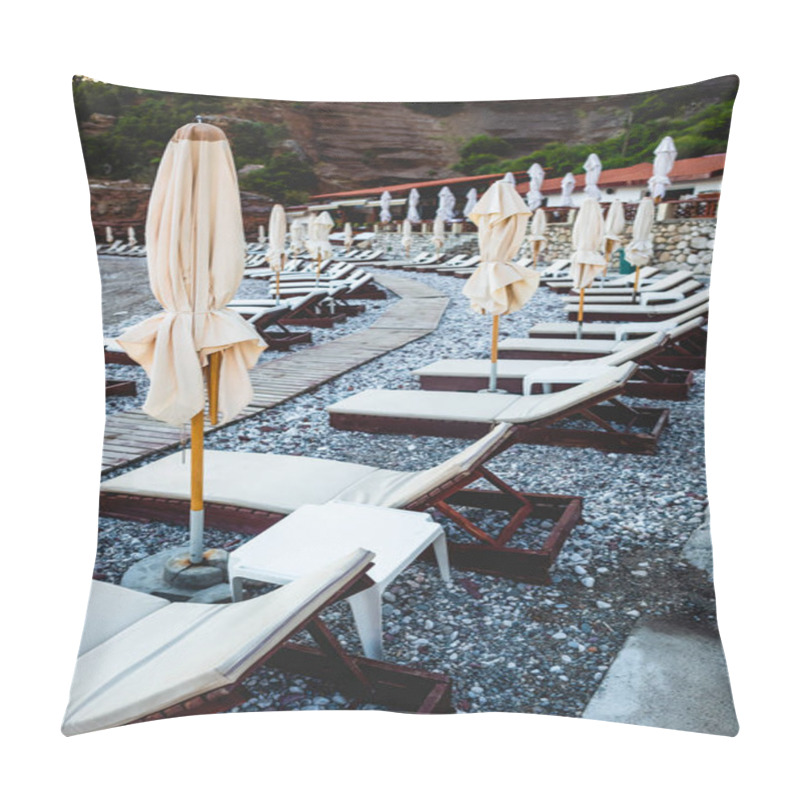 Personality  Sun Loungers On Empty Beach In Budva, Montenegro Pillow Covers