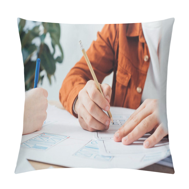 Personality  Cropped View Of Developers With Pencil And Marker Working With Project Of User Experience Design At Table  Pillow Covers