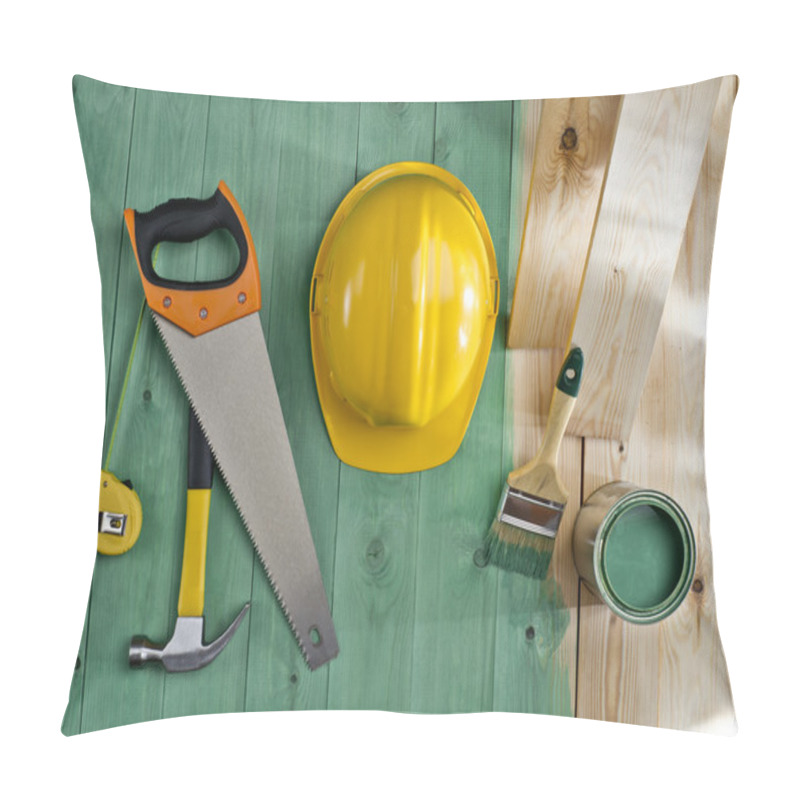 Personality  Green Wood Floor With A Brush, Paint, Saw, Hammer And Helmet Pillow Covers