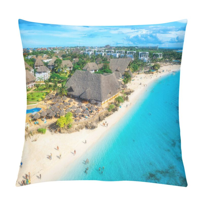 Personality  Aerial View Of Sandy Beach, Blue Sea, Bungalows, Green Palms, Umbrellas, Swimming People At Sunset. Summer Travel In Nungwi, Zanzibar Island. Tropical Landscape. Top Drone View Of Luxury Resort. Ocean Pillow Covers