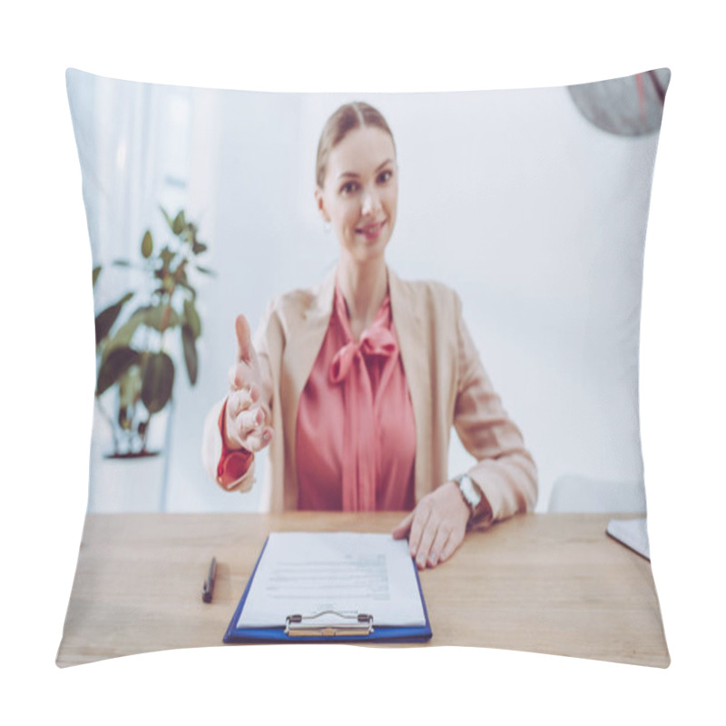 Personality  Selective Focus Of Hand Of Attractive Recruiter Sitting Near Clipboard  Pillow Covers