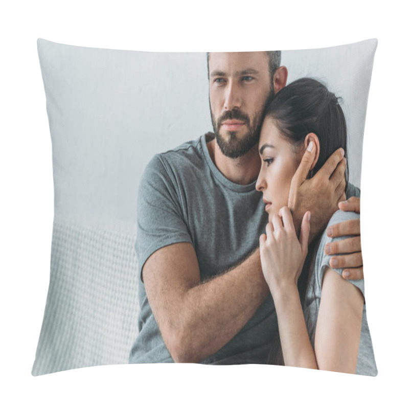 Personality  Bearded Man Supporting And Hugging Depressed Woman Sitting On Couch  Pillow Covers