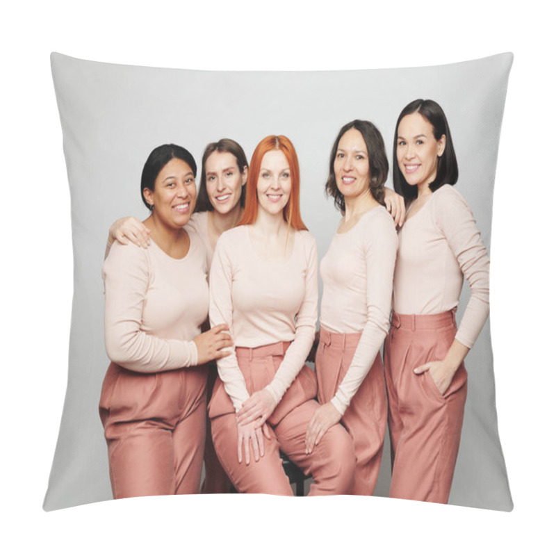 Personality  Portrait Of Smiling Interracial Women In Same Pink Outfits Standing Together Against Isolated Background Pillow Covers