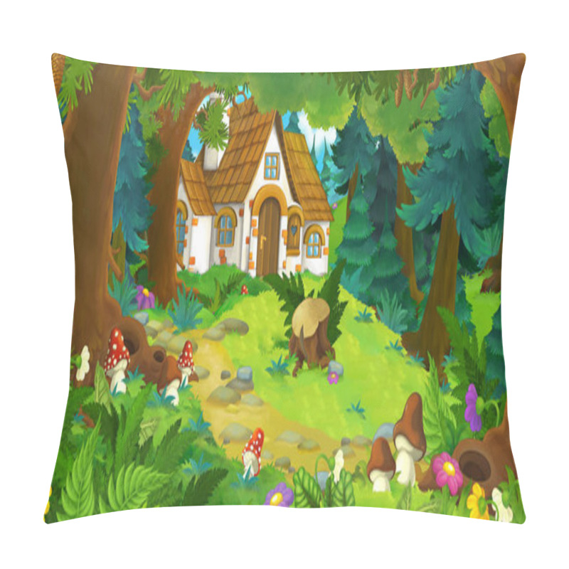 Personality  Cartoon Scene With Beautiful Rural Brick House In The Forest Pillow Covers