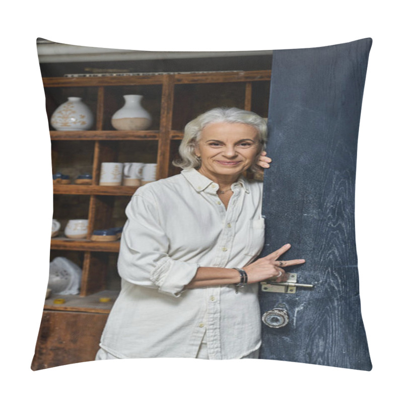 Personality  A Cheerful Woman Stands At The Doorway Of Her Pottery Studio, Inviting Creativity Within. Pillow Covers