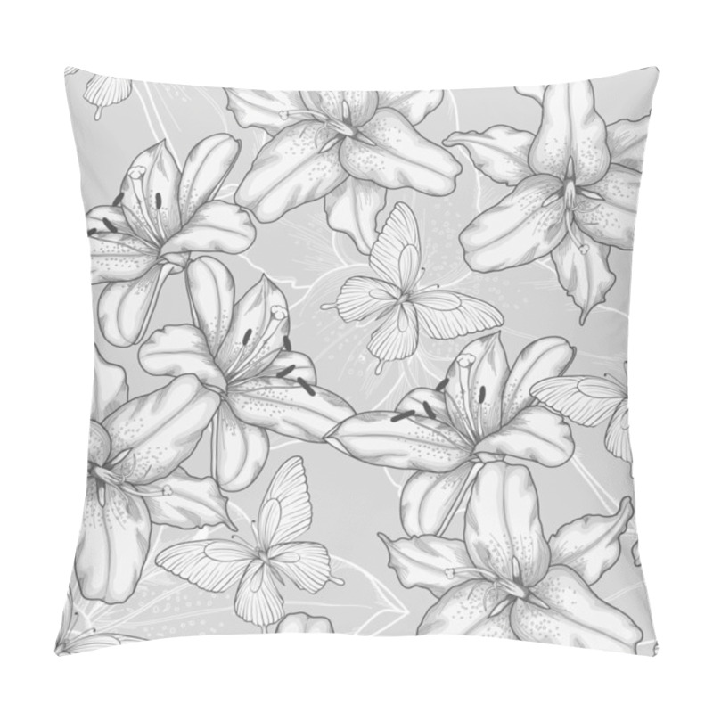 Personality  Black And White Seamless Background With Lilies And Butterflies. Pillow Covers