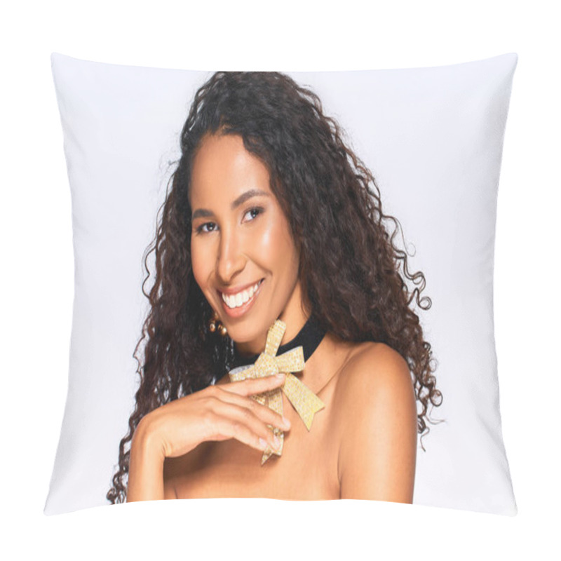 Personality  Charming Woman Poses Confidently With A Bright Smile While Wearing A Creative Accessory. Pillow Covers