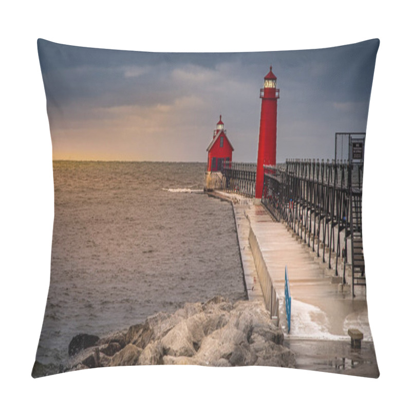 Personality  Grand Haven, MIDec 15, 2019; Red Lighthouse And Fog Horn Standing On Concrete Pier At The Inlet To The Grand River Along The Coast Of Western Michigan On Cloudy Winter Day  Pillow Covers