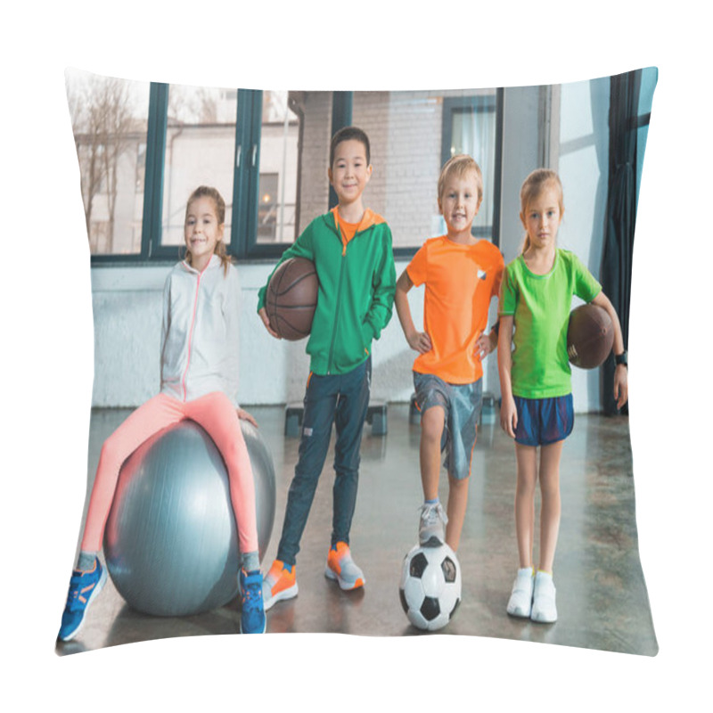 Personality  Front View Of Child Sitting On Fitness Ball Next To Multiethnic Children With Balls In Gym Pillow Covers