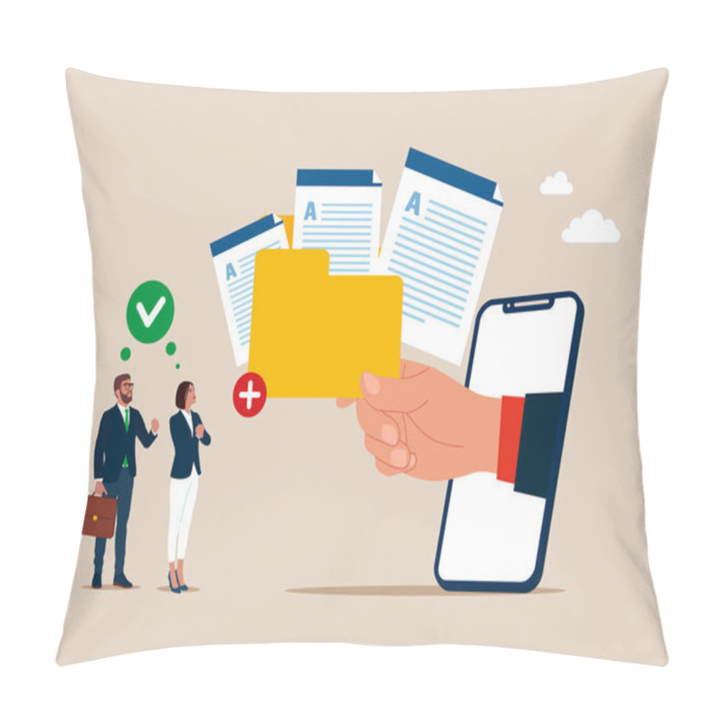 Personality  Business People With Files To Big Folder. Storage And Indexing Of Information. Flat Vector Illustration Pillow Covers