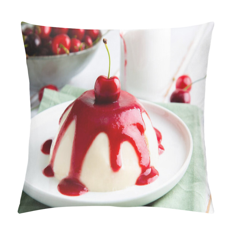 Personality  Italian Panna Cotta Dessert With Cherry Coulis On A White Wooden Table Pillow Covers