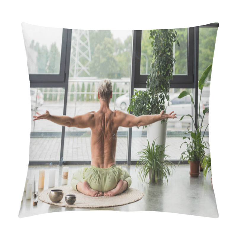 Personality  Back View Of Shirtless Man Sitting In Thunderbolt Yoga Pose Near Candles And Tibetan Singing Bowls In Studio  Pillow Covers