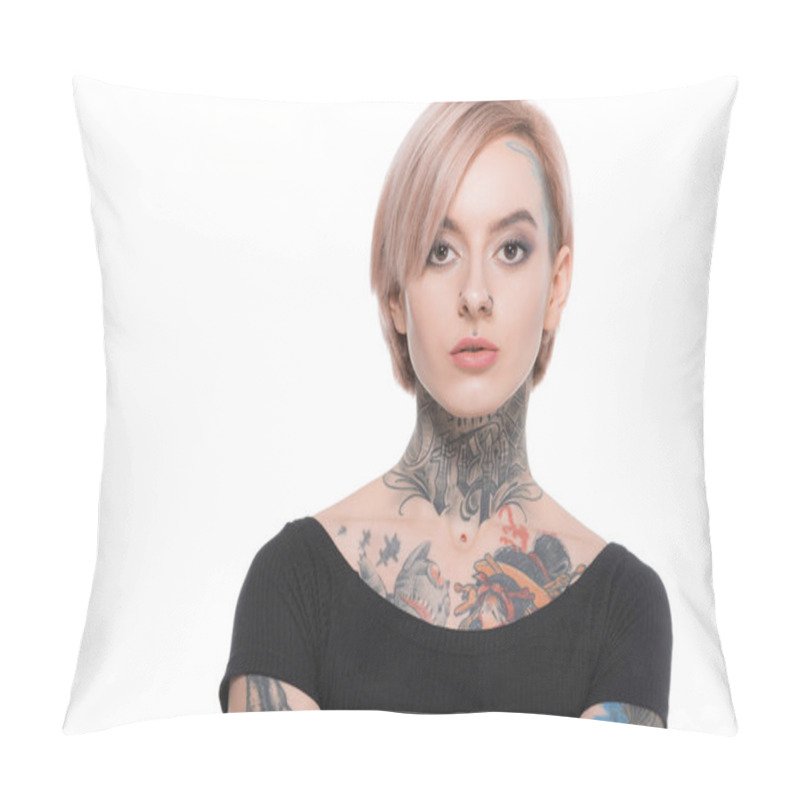 Personality  Beautiful Tattooed Girl With Pink Hair, Isolated On White Pillow Covers