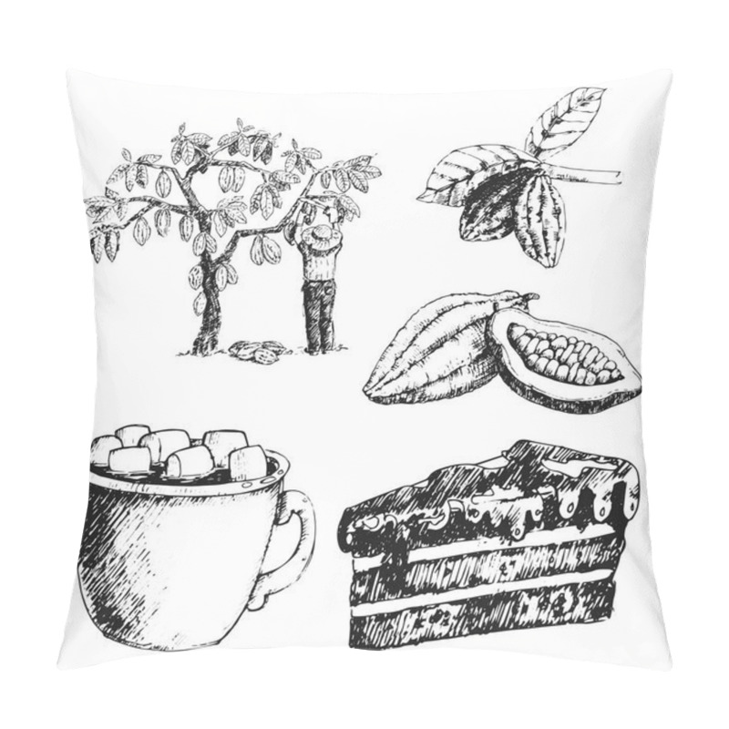 Personality  Vector Cocoa Products Hand Drawn Sketch Doodle Food Chocolate Sweet Illustration. Pillow Covers