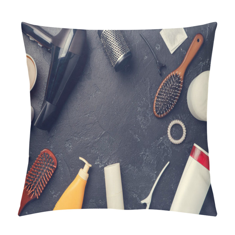 Personality  Image Of Hairdresser Accessories, Hair Dryer, Combs, In Circle On Empty Black Background, Space For Text Pillow Covers