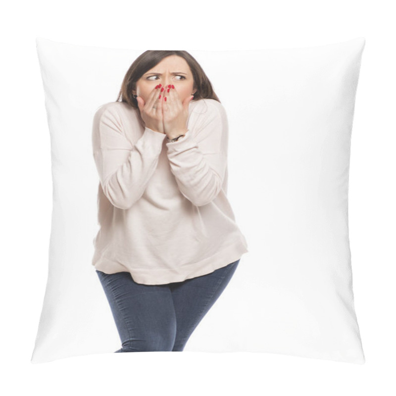 Personality  Ashamed Young Woman Need A Toilet On A White Background Pillow Covers