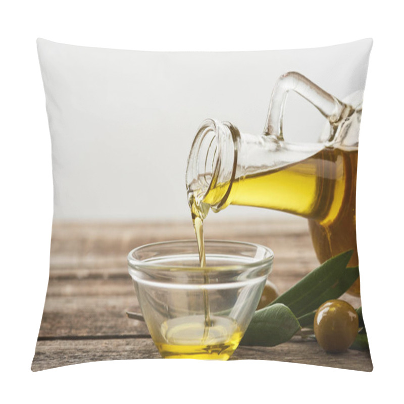 Personality  Pouring Oil From Bottle Into Glass Bowl, Olive Tree Leaves And Olives On Wooden Surface Pillow Covers