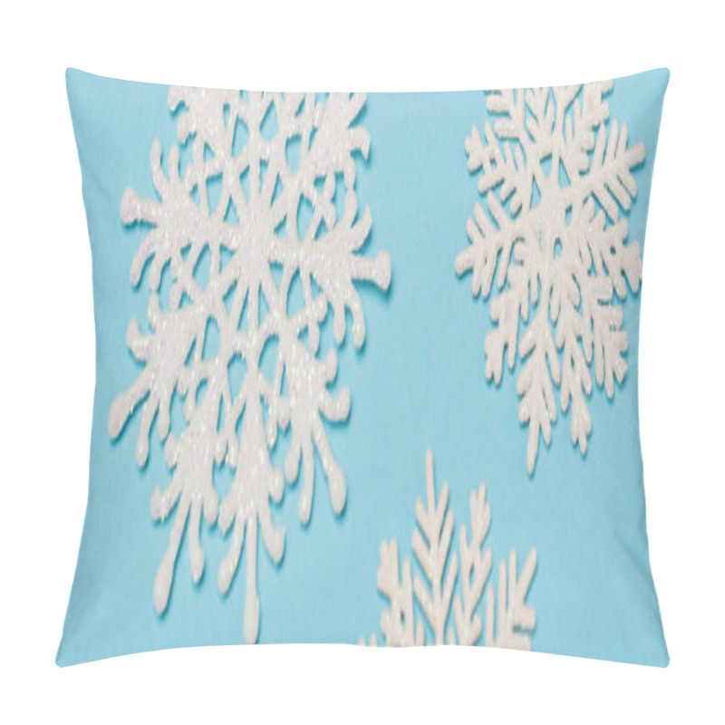 Personality  Top View Of Winter Snowflakes On Blue Background, Banner Pillow Covers