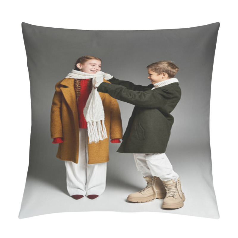 Personality  Two Kids Enjoy A Playful Moment As One Wraps A Scarf Around The Other In Cozy Winter Wear. Pillow Covers