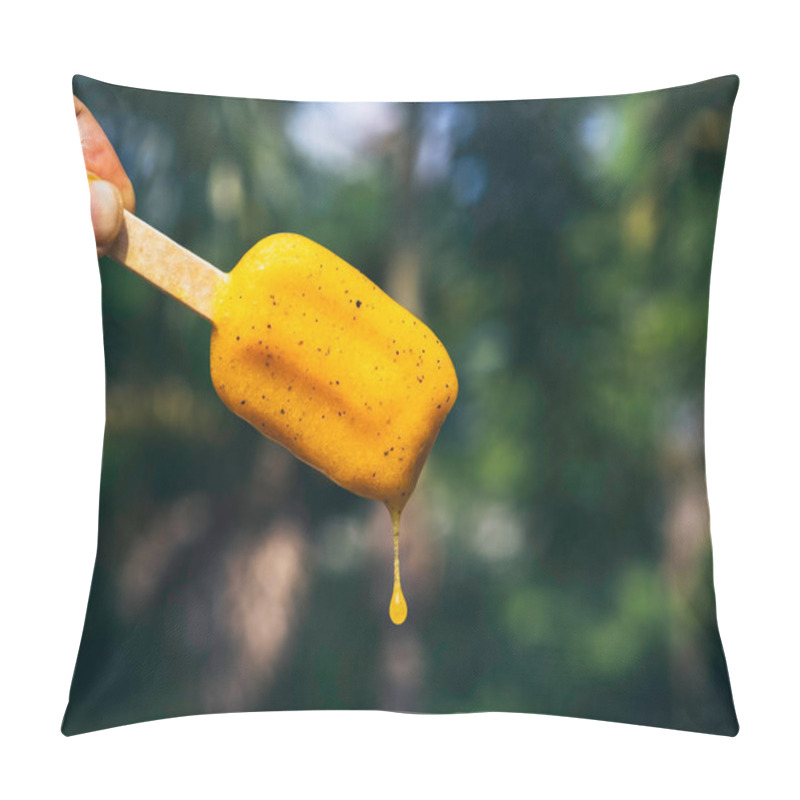 Personality  Yellow Melt Popsicle In Hand On Green Tropical Nature Background, Melting, Summertimes. Female Hand Holding Yellow Frozen Popsicle Ice Pop. Pillow Covers