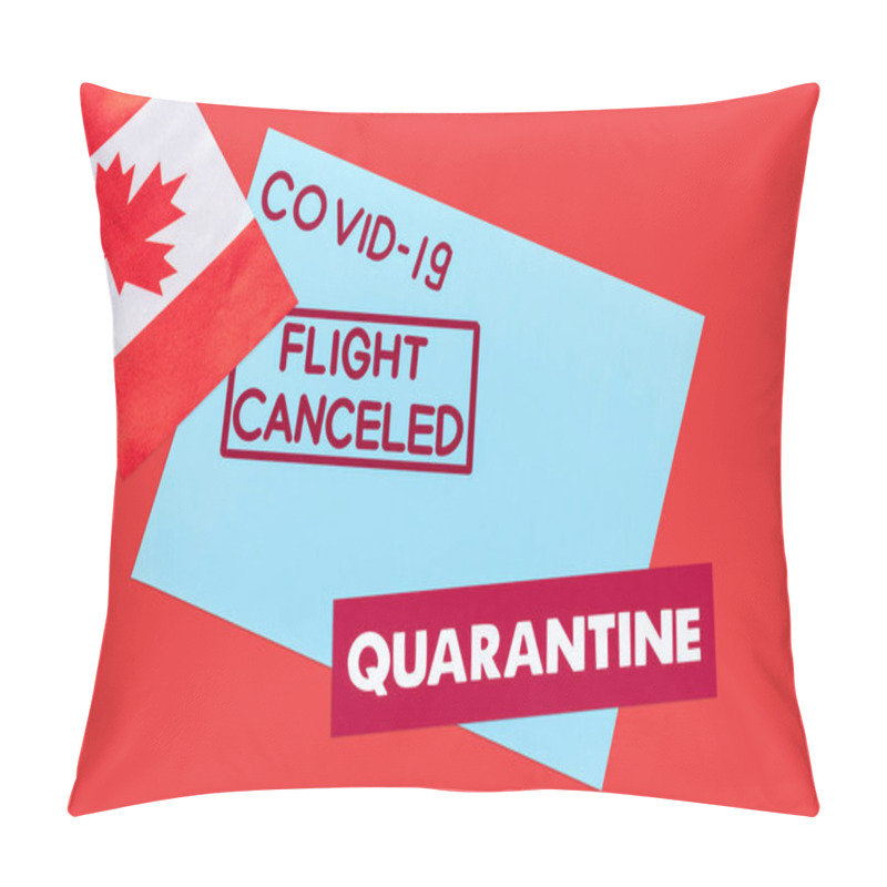 Personality  Top View Of Blue Envelope With Covid-19, Flight Canceled And Quarantine Lettering Near Flag Of Canada Isolated On Red  Pillow Covers