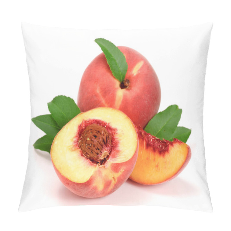 Personality  Peach And Half With A Green Leaf Isolated On White Background Pillow Covers