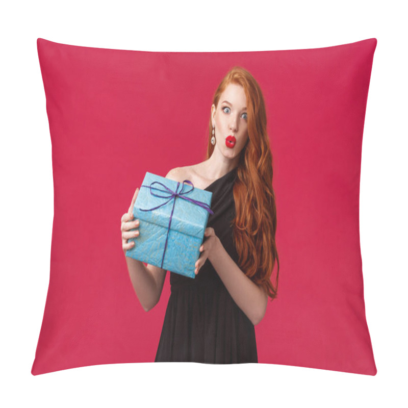 Personality  I Wonder Whats Inside. Curious Stunning Young Redhead Woman In Elegant Black Dress, Shaking Box With Gift, Folding Lips Amazed And Intrigued Look Camera, Receive Present, Red Background Pillow Covers