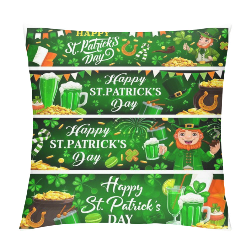 Personality  St Patricks Day Green Banners Of Irish Holiday Clovers, Leprechauns With Pot Gold. Vector Shamrock Leaves, Lucky Horseshoes And Golden Coins, Green Ale Beer And Drums Of Patricks Day Spring Festival Pillow Covers