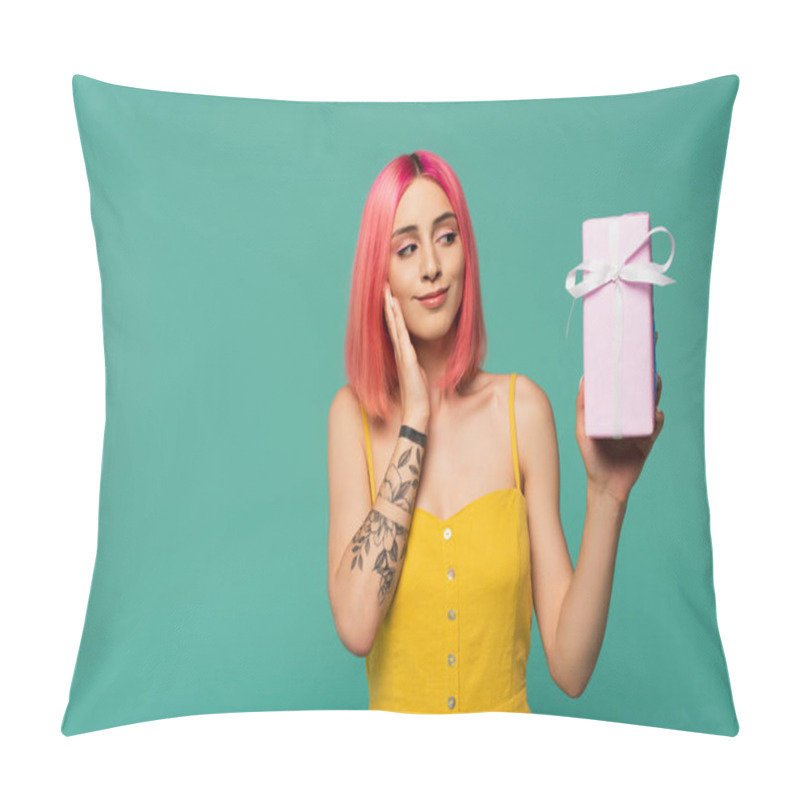 Personality  Pleased Young Woman With Pink Dyed Hair Holding Wrapped Present Isolated On Blue  Pillow Covers