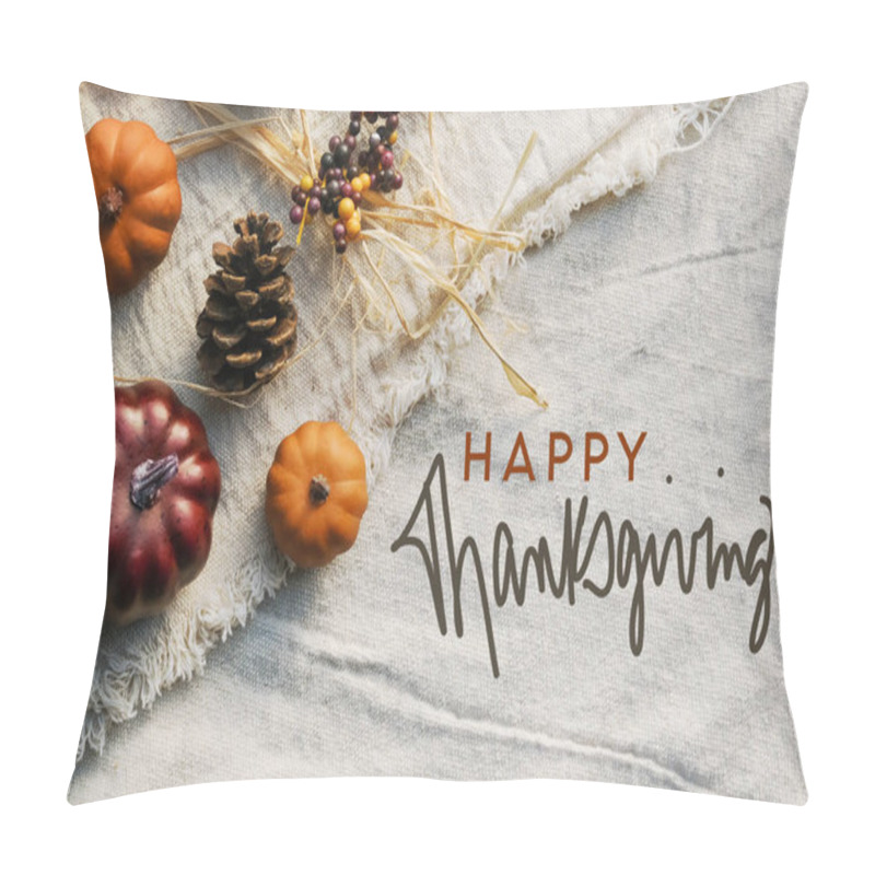 Personality  Happy Thanksgiving Day Greeting Card With Pumpkins And Pine Cone. Top View In Rustic Style Pillow Covers