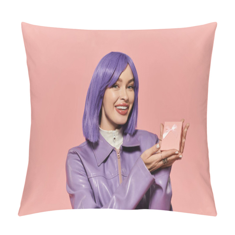 Personality  A Stylish Woman With Purple Hair Smiles Joyfully, Holding A Product Against A Pink Backdrop. Pillow Covers