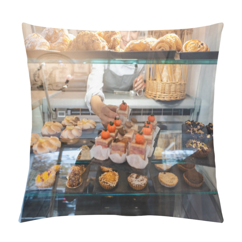 Personality  Confectioner Shot Through Glass Display In Her Shop Pillow Covers