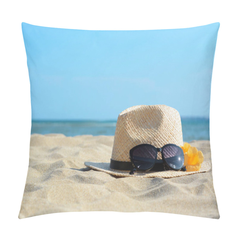 Personality  Hat With Beautiful Sunglasses And Flowers On Sand Near Sea. Space For Text Pillow Covers